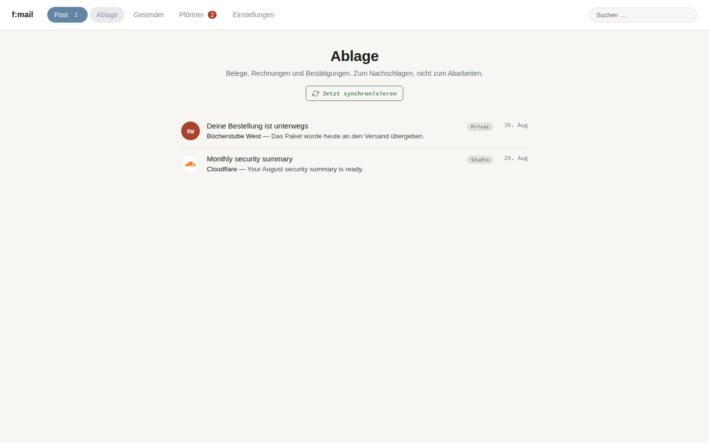 f:mail Ansicht: Ablage