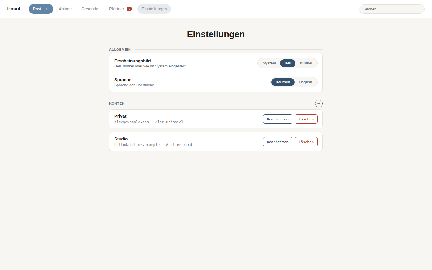 f:mail Ansicht: Einstellungen