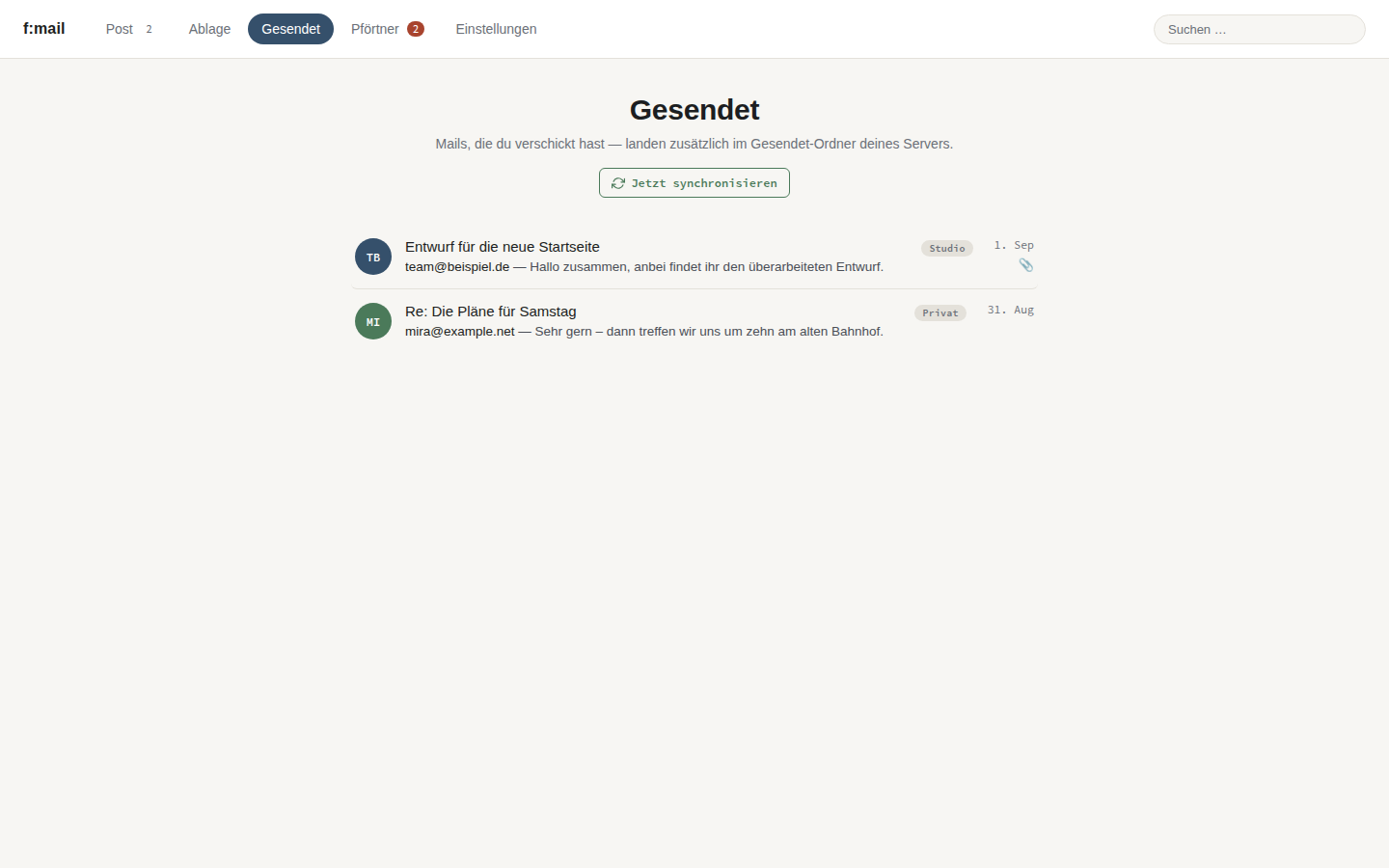 f:mail Ansicht: Gesendet