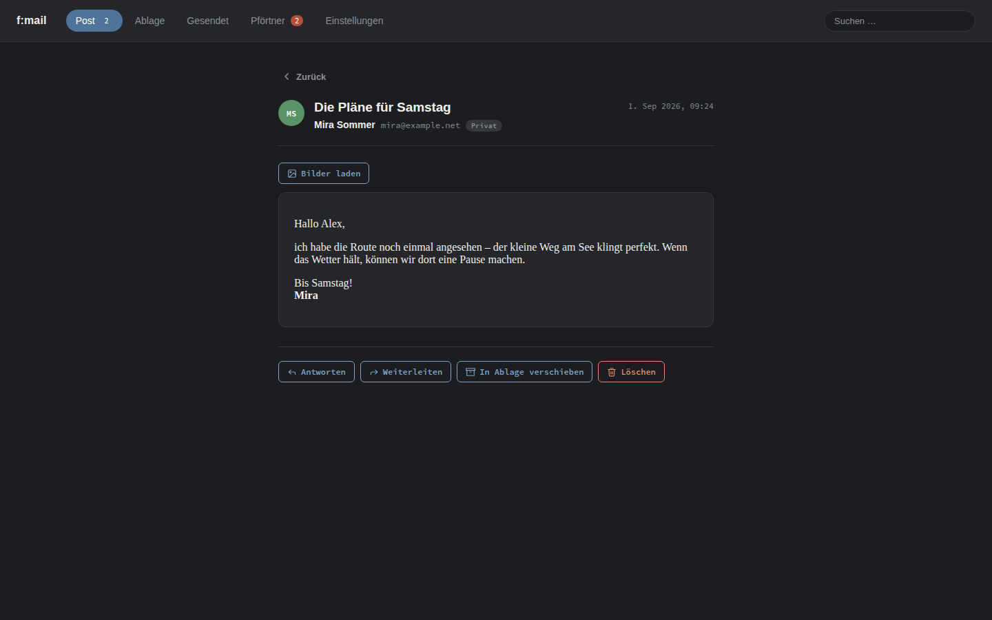 f:mail zeigt den Inhalt einer E-Mail im Darkmode