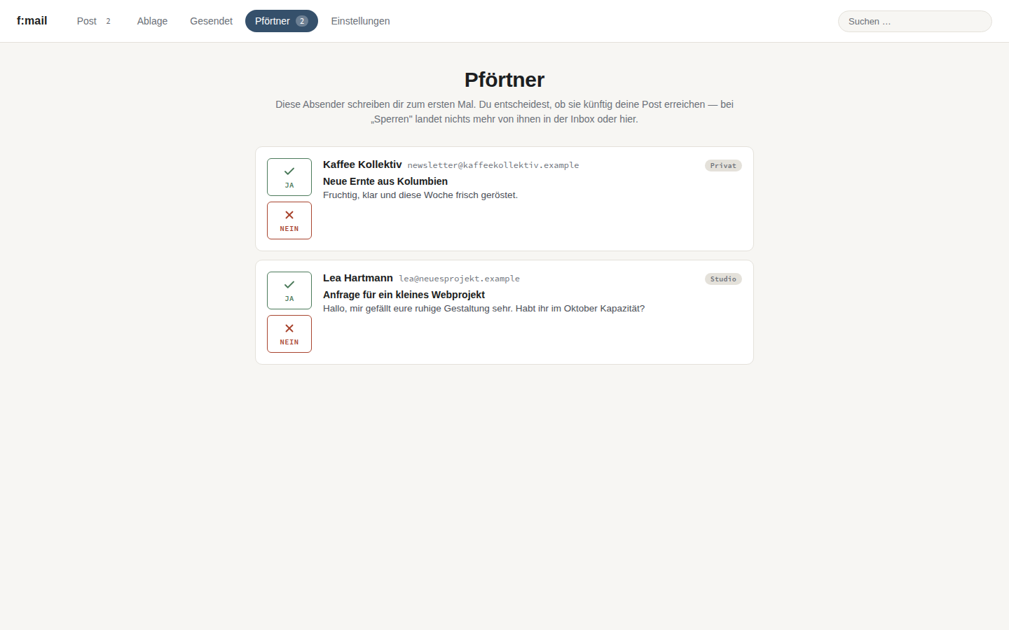 f:mail Ansicht: Pförtner